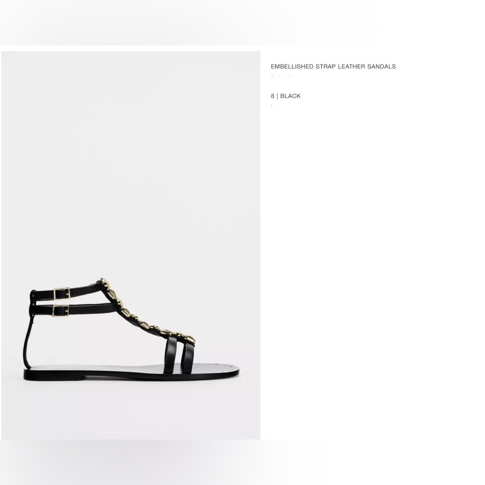 Zara NWT Black Leather Sandals with Gold Accents.